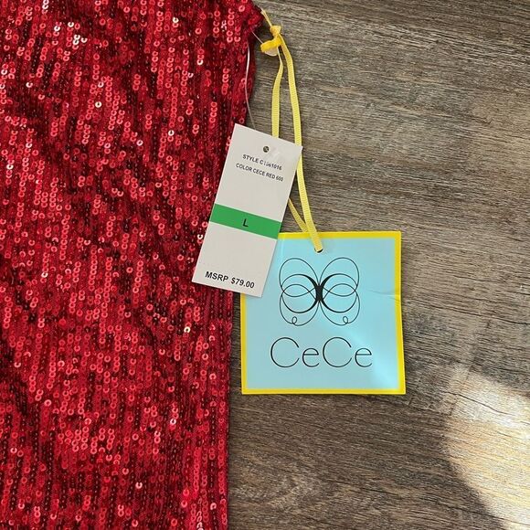 CeCe Sequined V-Neck Cap-Sleeve Red Blouse-Size Large - Picture 3 of 7